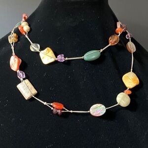 Lia Sophia “Maggie” Matte Gold Long Necklace with Abalone and Jasper— Vintage